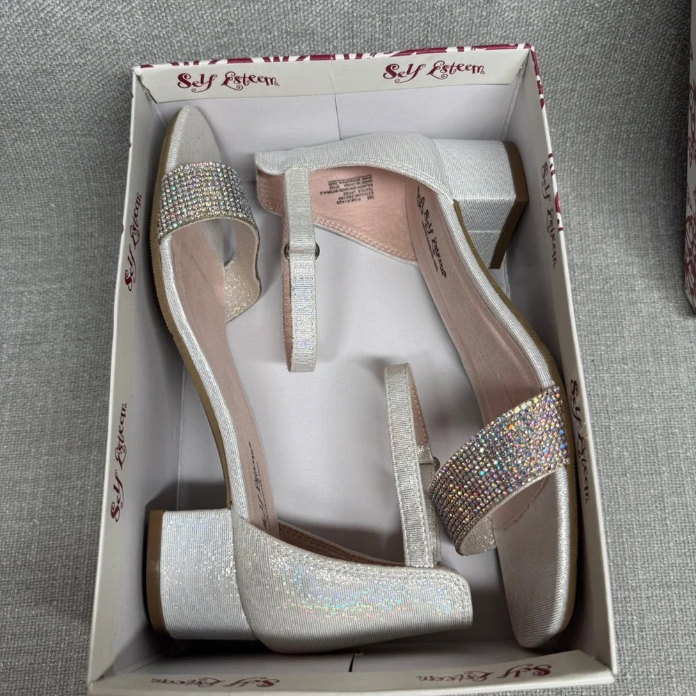 Self Esteem Girls Block Heel Sandals Silver Glitter Dress‎ Shoes Size 3